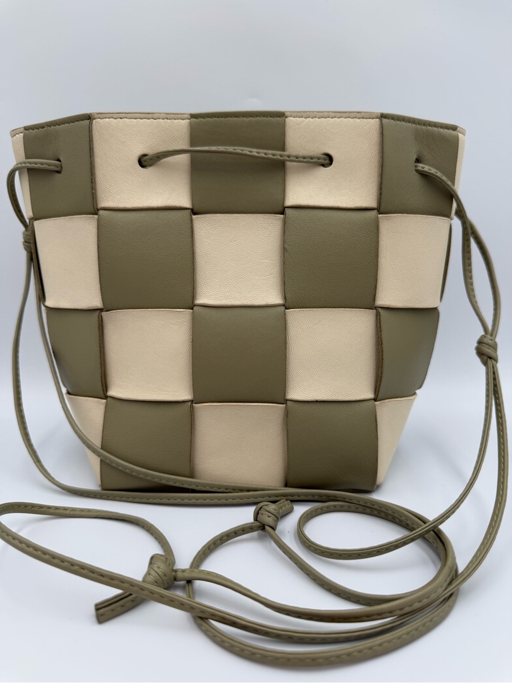 Bottega Veneta Olive & Beige Woven Crossbody Bucket Bag